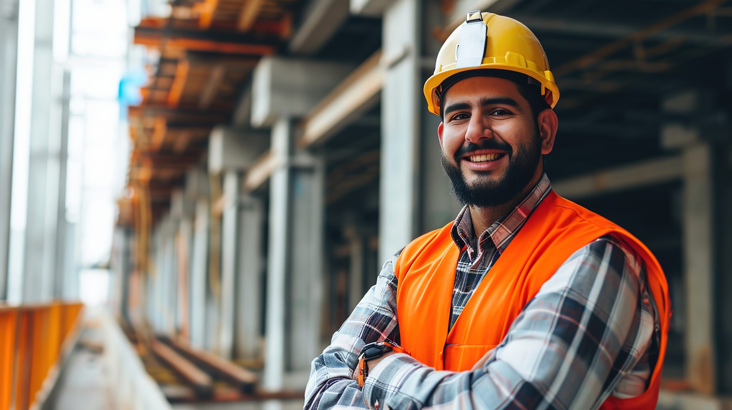 Civil Engineer Hispanic smiling with Constuction backgrounds, use for banner cover. Success in target of project goal Handsome Middle Eastern worker, + --ar 16:9 --v 6 Job ID: 2d810aca-3cb3-4132-8522-dd7dda9d9f15